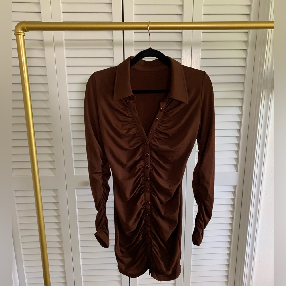 Long Sleeves Ruched Button Mini Dress Size S